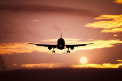 plane in the sunset sky